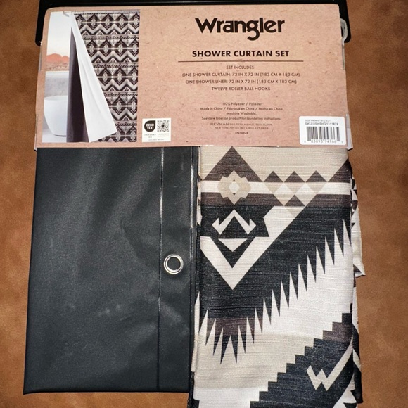 NEW Wrangler Geometric Black, Browns and Cream Shower Curtain Set - Picture 6 of 7